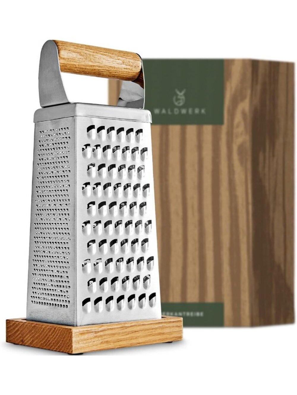Premium Box Grater with Stainless Steel Blades & Oak Wood Base - 4-Sided Kitchen
